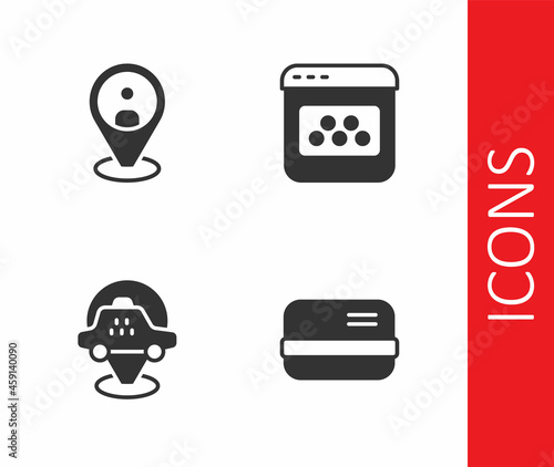 Set Credit card, Taxi client, Location taxi and mobile app icon. Vector