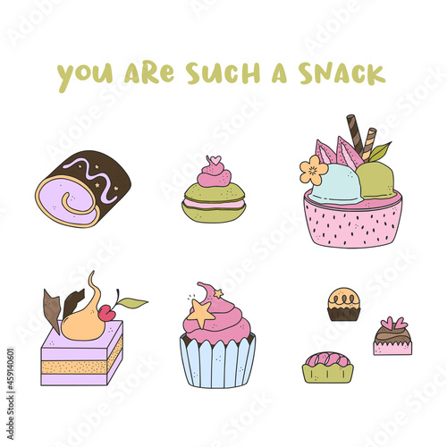 Pack of 6 cute hand drawn dessert illustrations. Pastry, sweets, ice-cream, chocolate, candy.