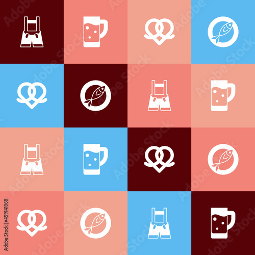 Set pop art Lederhosen, Glass of beer, Pretzel and Dried fish icon. Vector