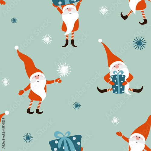 Seamless pattern with merry Christmas gnomes and snowflakes. Christmas and New Year design.