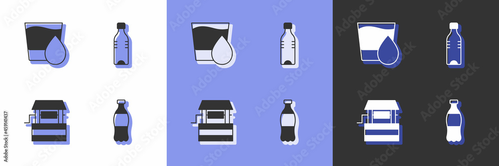 Set Bottle of water, Glass with, Well and icon. Vector Set Bottle of water, Glass with, Well and icon. Vector