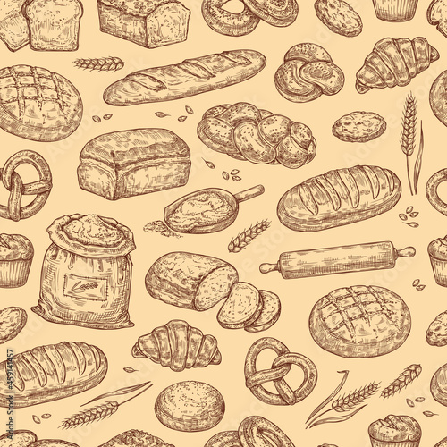 Seamless sketch pattern with pastries, bread, flour on a beige background. Background in vintage style.