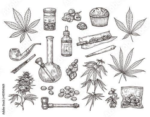 Sketch set of vector drawings of marijuana or cannabis. Plant leaf, pipe, cigarette, buds, seeds and cbd oil. Hand drawn ganja illustration.