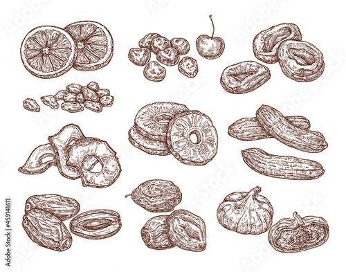 Sketch set of dried fruits. Vector hand drawing of date, raisins, figs, prunes, dried apricots, banana and pineapple. Healthy snack. photo