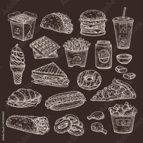 Sketch set of fast food on a dark background. Hand drawn vector illustration of burger, pizza, fries, burritos, nuggets, soda.