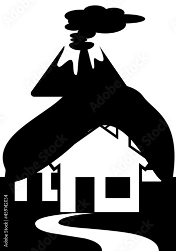 Icono de volcán en erupción y su lava comiéndose las viviendas. Volcán de La Palma y sus destrozos
