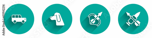 Set Safari car, Hunting dog, Medieval bow and arrow and Crossed bullet with icon with long shadow. Vector