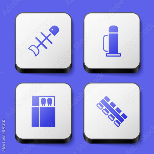 Set Dead fish, Thermos container, Open matchbox and matches and Hunting cartridge belt icon. White square button. Vector