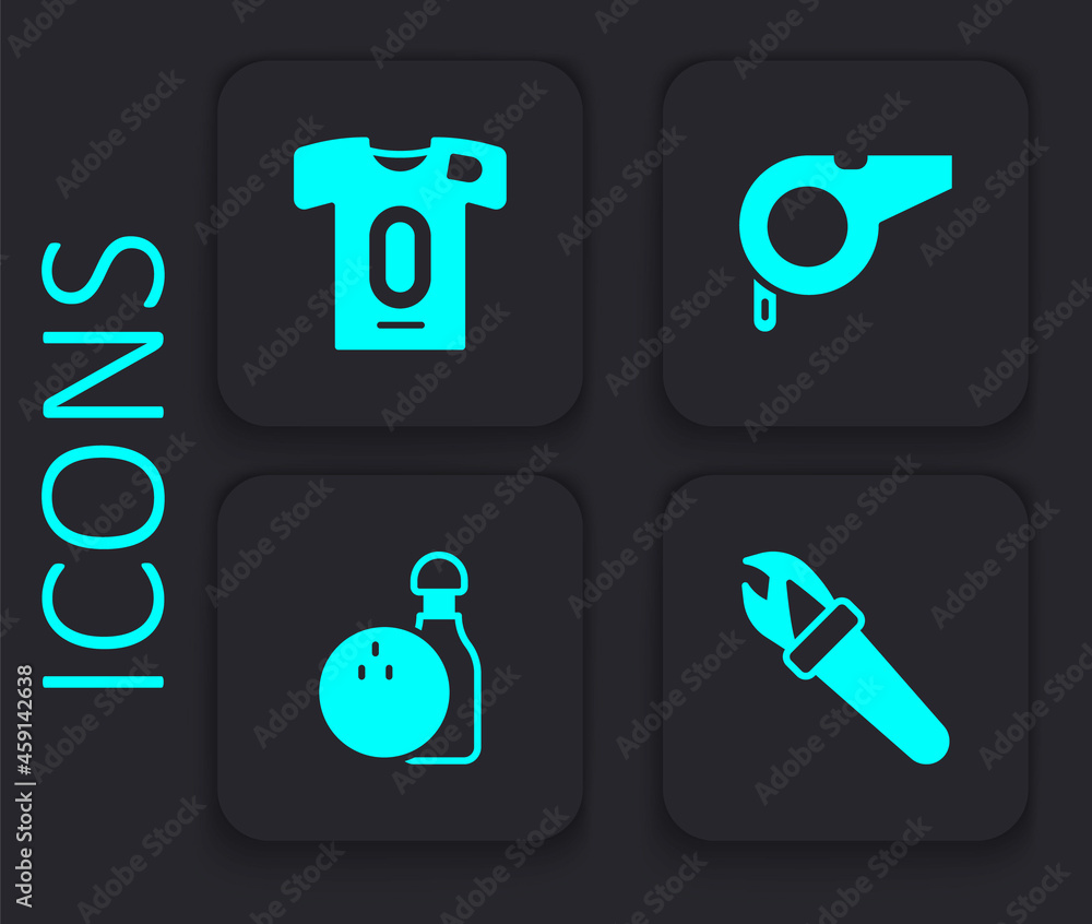 Set Torch flame, Football jersey and t-shirt, Whistle and Bowling pin icon. Black square button. Vector Set Torch flame, Football jersey and t-shirt, Whistle and Bowling pin icon. Black square button. Vector