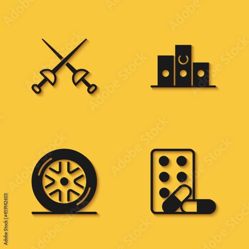 Set Fencing, Sports doping with dumbbell, Car wheel and Award over sports winner podium icon with long shadow. Vector