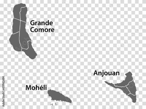 Blank map Comoros in gray. Every Island map is with titles. High quality map of  Comoros with districts  on transparent background for your  design.  Africa. EPS10. photo