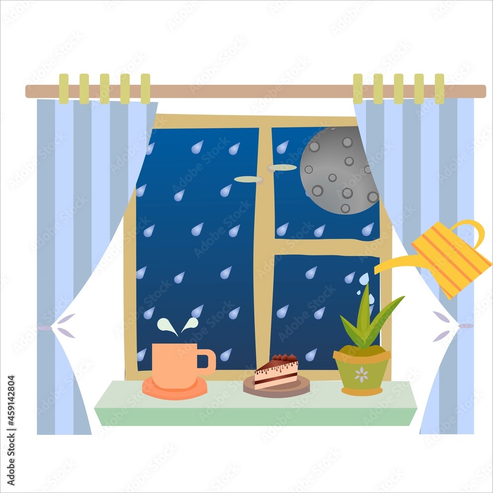vector image of a succulent, a cup and a cake on a windowsill. Image of cozy rany evening spent at home  with a view on a rain and a moon - obrazy, fototapety, plakaty 