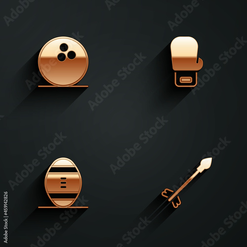 Set Bowling ball, Boxing glove, American Football and Medieval arrows icon with long shadow. Vector