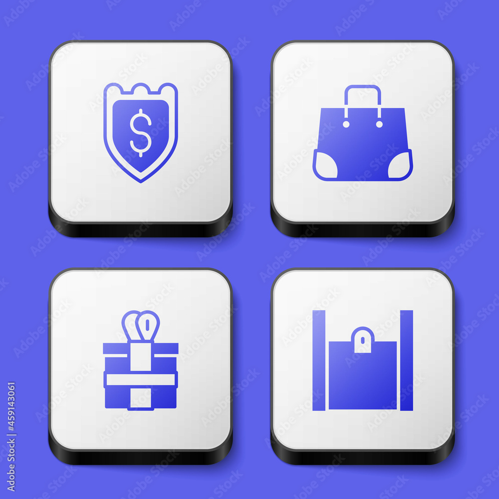 Set Shield with dollar, Paper shopping bag, Gift box and icon. White square button. Vector Set Shield with dollar, Paper shopping bag, Gift box and icon. White square button. Vector