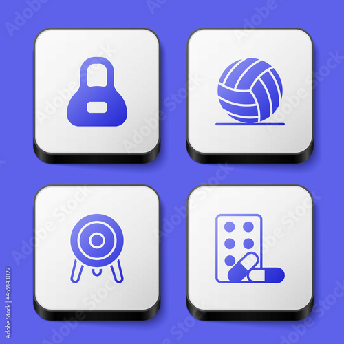 Set Weight, Volleyball ball, Target sport and Sports doping with dumbbell icon. White square button. Vector