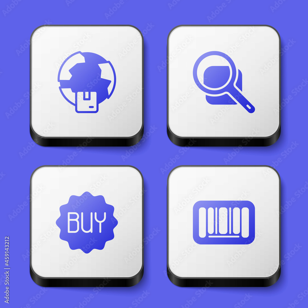 Set Worldwide shipping, Magnifying glass, Buy button and Barcode icon. White square button. Vector Set Worldwide shipping, Magnifying glass, Buy button and Barcode icon. White square button. Vector