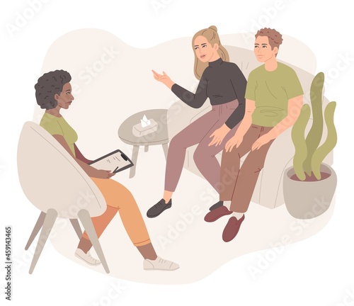 Psychotherapy. Family psychologist speaking with couple, family psychiatry concept vector illustration