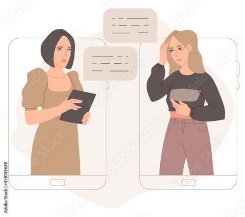 Woman consultation to the psychotherapist via smartphone. Online medical support. Online doctor. Flat illustration