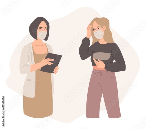 Woman consultation to the psychotherapist. Online medical support. Online doctor. Flat illustration. psychotherapist in a white coat