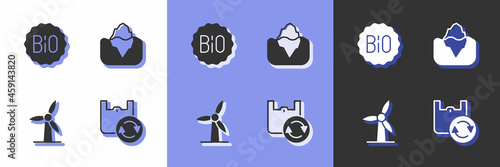 Set Shopping bag with recycle, Banner for bio, Wind turbine and Iceberg icon. Vector