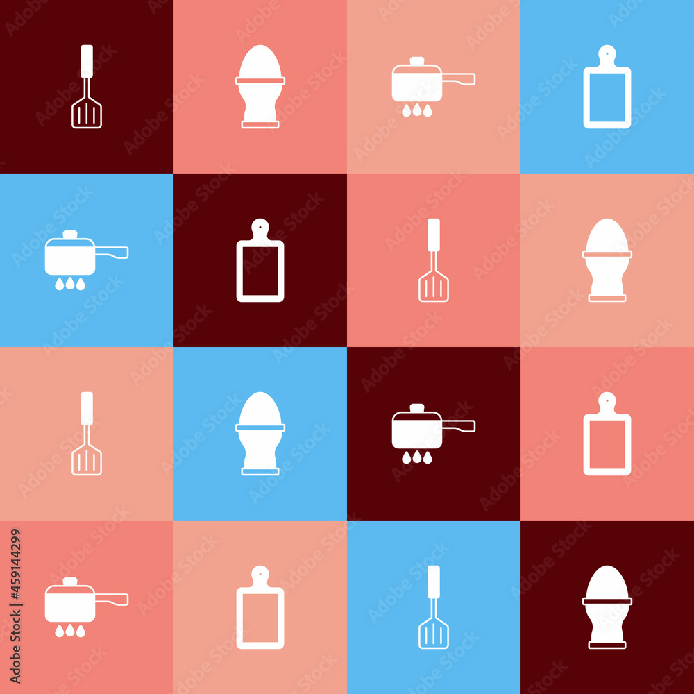 Set pop art Spatula, Chicken egg on stand, Cooking pot fire and Cutting board icon. Vector Set pop art Spatula, Chicken egg on stand, Cooking pot fire and Cutting board icon. Vector