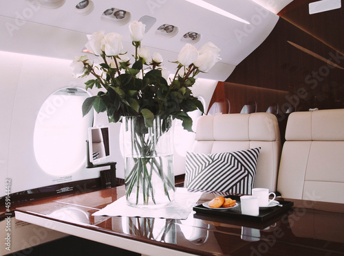 luxury interior in a business class plane before departure