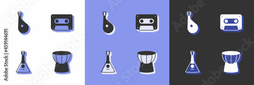 Set African darbuka drum, Bandura, Balalaika and Retro audio cassette tape icon. Vector