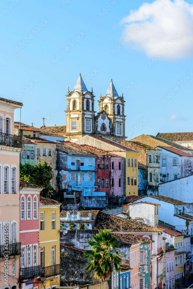 Old and colorful houses and churches in Pelourinho in the historic center of Salvador, Bahia