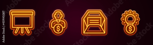 Set line Chalkboard, Business investor, Envelope and Light bulb with dollar. Glowing neon icon. Vector