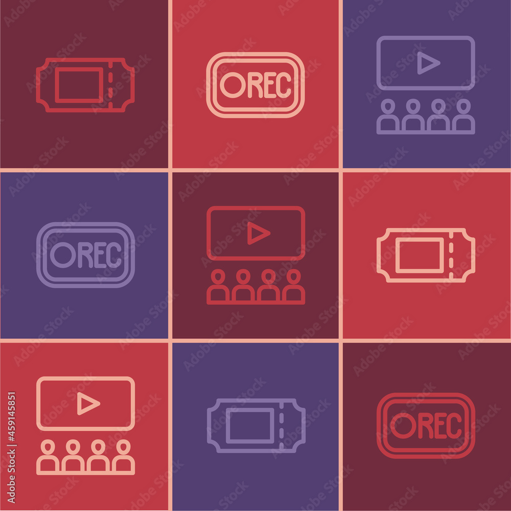 Set line Cinema ticket, auditorium with screen and Record button icon. Vector Set line Cinema ticket, auditorium with screen and Record button icon. Vector