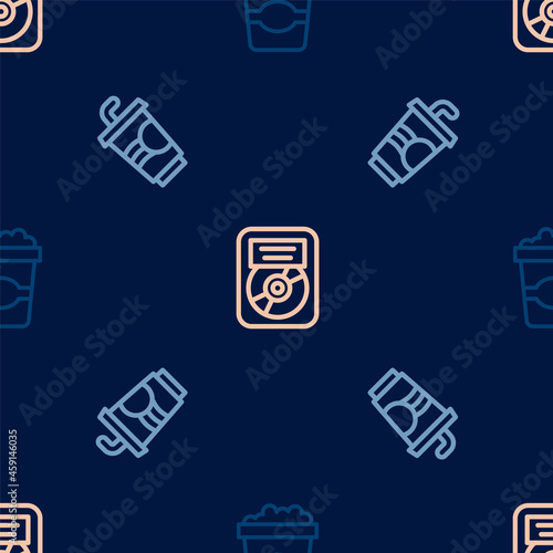 Set line Popcorn in cardboard box, Paper glass with water and CD disk award frame on seamless pattern. Vector