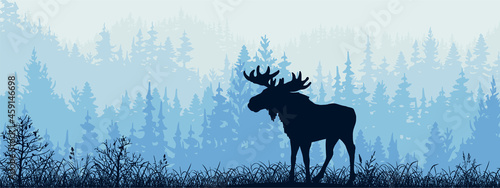 Horizontal banner. Silhouette of moose standing on meadow in forrest. Silhouette of animal, trees, grass. Magical misty landscape, fog. Blue and gray illustration. Bookmark.