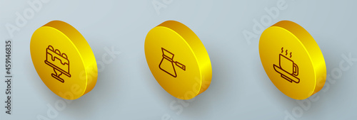 Set Isometric line Cake, Coffee turk and cup icon. Vector