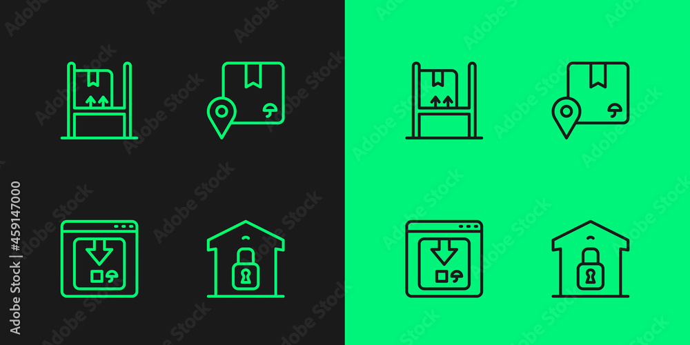 Set line Closed warehouse, Online app delivery tracking, Warehouse interior with boxes and Location cardboard icon. Vector Set line Closed warehouse, Online app delivery tracking, Warehouse interior with boxes and Location cardboard icon. Vector