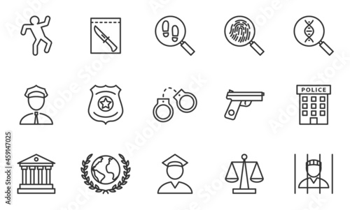 Crime and justice. Set of linear icons isolated on white background.