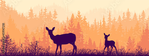 Horizontal banner of landscape. Doe and fawn on magic misty meadow. Silhouettes of trees, grass and animals. Pink and orange background, illustration. Bookmark.
