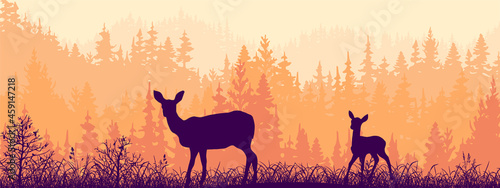 Horizontal banner of landscape. Doe and fawn on magic misty meadow. Silhouettes of trees  grass and animals. Pink and orange background  illustration. Bookmark.