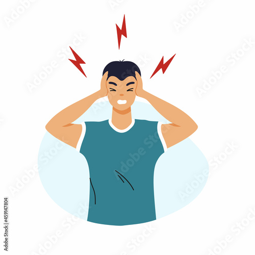 Headache. Man with migraine. Symptom of disease and health problems.