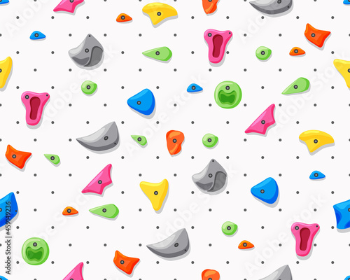 Gym climbing grips. Imitation of a rock. Various fasteners seamless pattern. Cartoon vector background