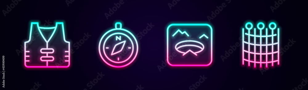 Set line Fishing jacket, Compass, Winter fishing and net pattern. Glowing neon icon. Vector Set line Fishing jacket, Compass, Winter fishing and net pattern. Glowing neon icon. Vector
