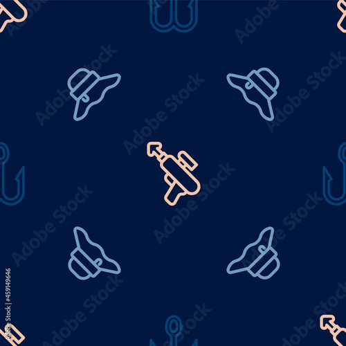 Set line Fishing hook, Fisherman hat and harpoon on seamless pattern. Vector