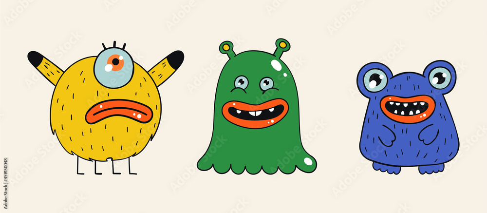 A set of three cartoon stickers with monsters. Various creepy and scary freaks on a beige background. Multi-colored characters for postcards, decor, covers, social networks. Hand drawn vector. A set of three cartoon stickers with monsters. Various creepy and scary freaks on a beige background. Multi-colored characters for postcards, decor, covers, social networks. Hand drawn vector.