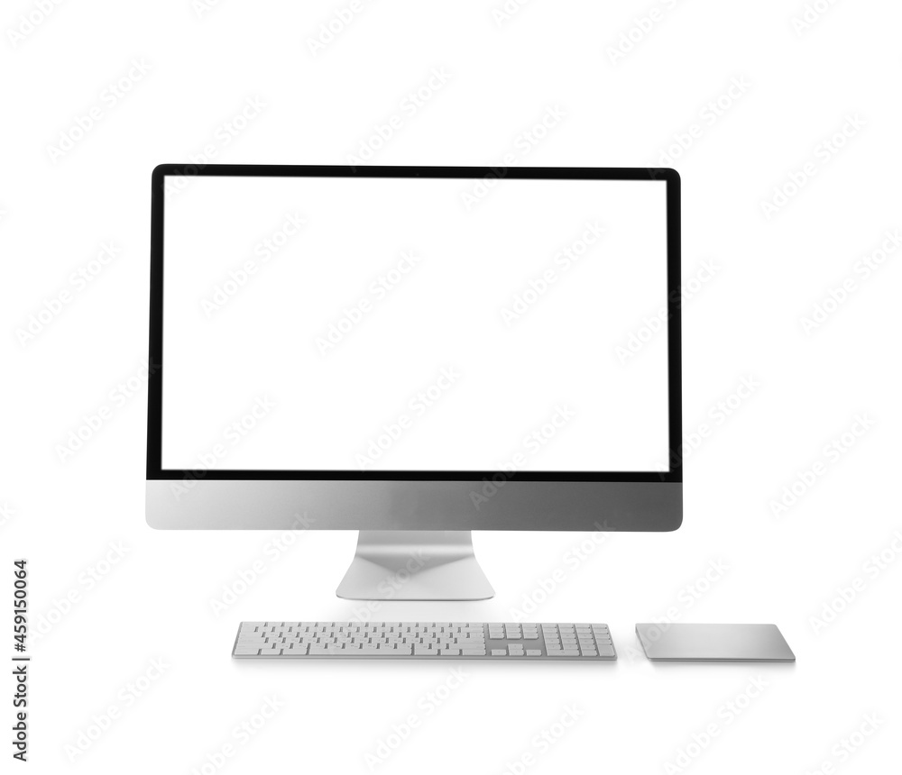 Modern computer with blank monitor screen and peripherals on white background Modern computer with blank monitor screen and peripherals on white background