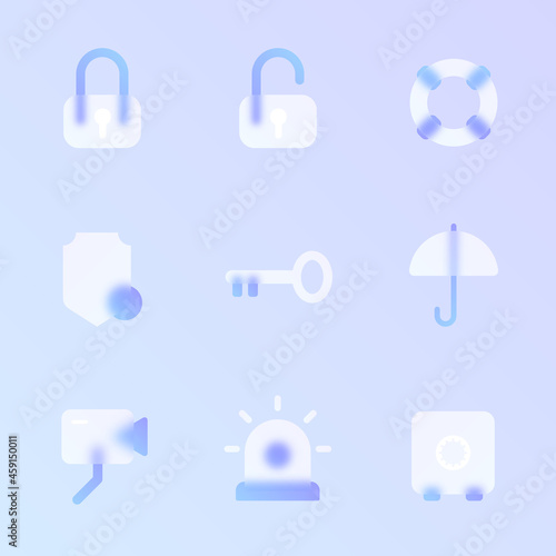 security glass morphism trendy style icon set. security transparent glass color vector icons with blur and purple gradient. for web and ui design, mobile apps and promo business polygraphy