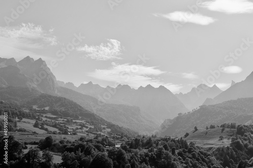 Layered mountain landscape in black and white colours in Lescun, Pyrenees mountains, France