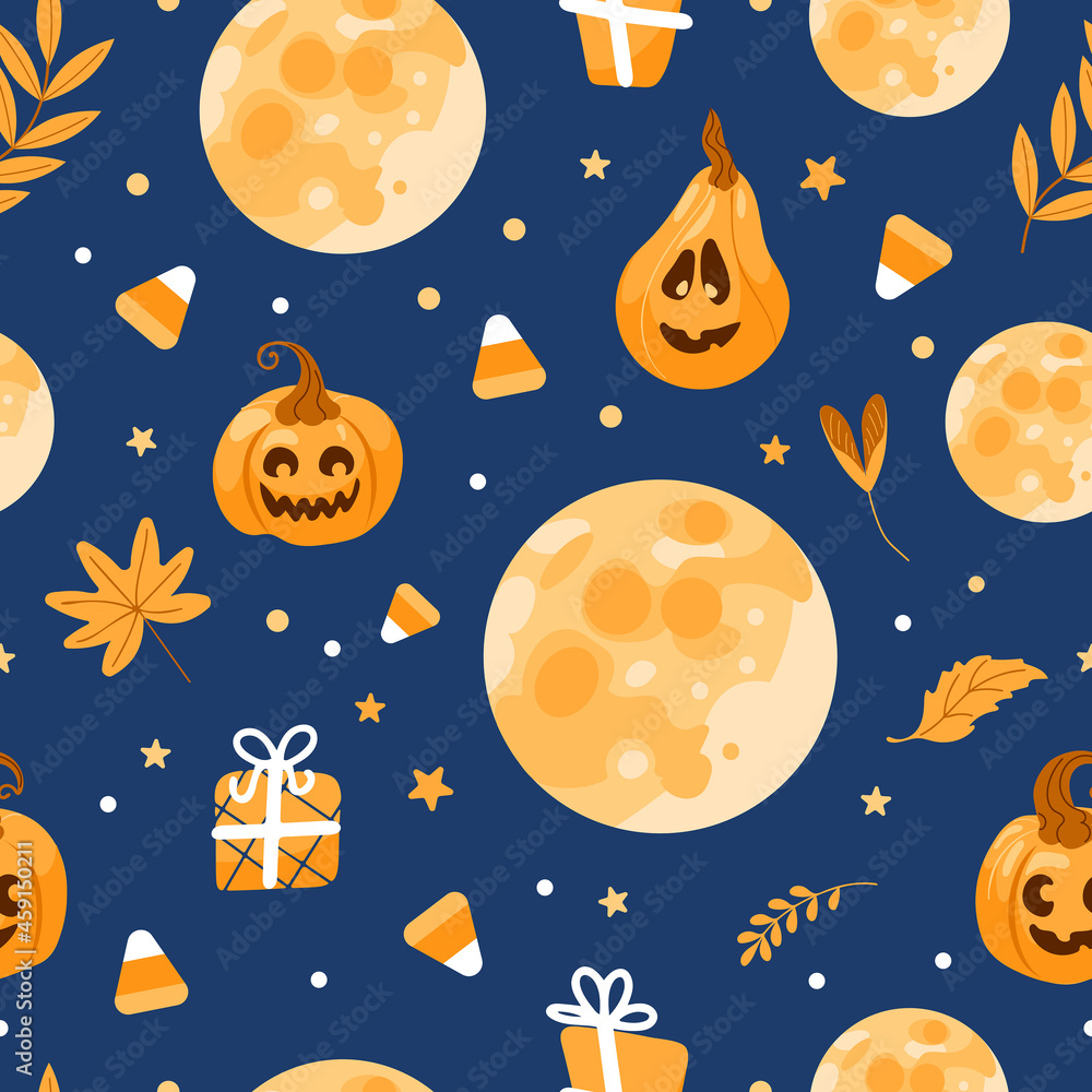 Halloween seamless pattern moon, witch hat, jack lantern, candy, autumn leaves. On a blue background. Bright illustration in cartoon style. For wallpaper, printing on fabric, wrapping, background Halloween seamless pattern moon, witch hat, jack lantern, candy, autumn leaves. On a blue background. Bright illustration in cartoon style. For wallpaper, printing on fabric, wrapping, background