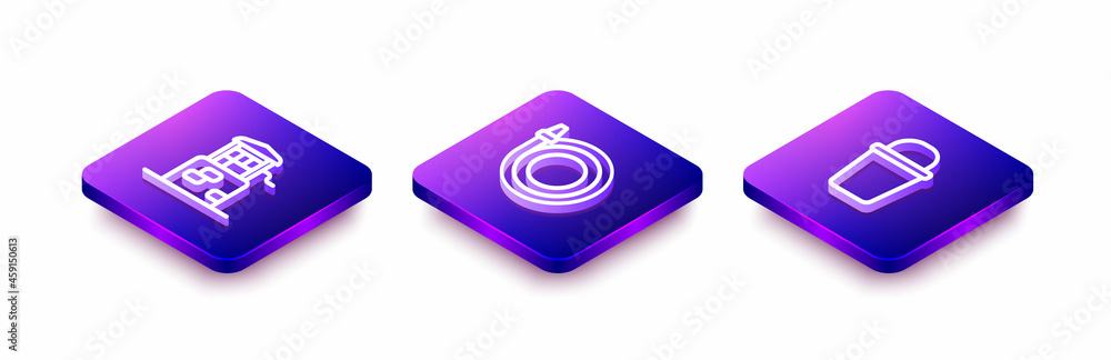 Set Isometric line Well, Garden hose and Bucket icon. Vector Set Isometric line Well, Garden hose and Bucket icon. Vector