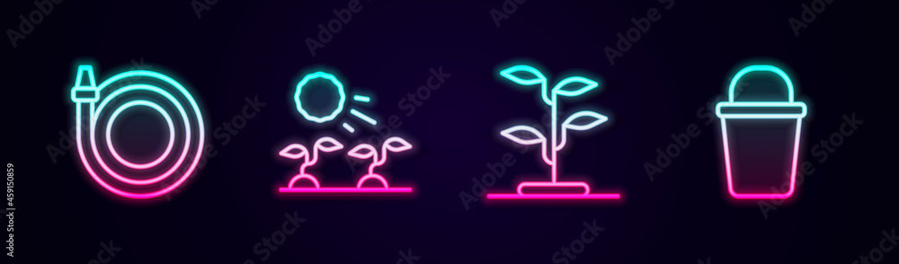 Set line Garden hose, Plant sprouts grow in the sun, Sprout and Bucket. Glowing neon icon. Vector