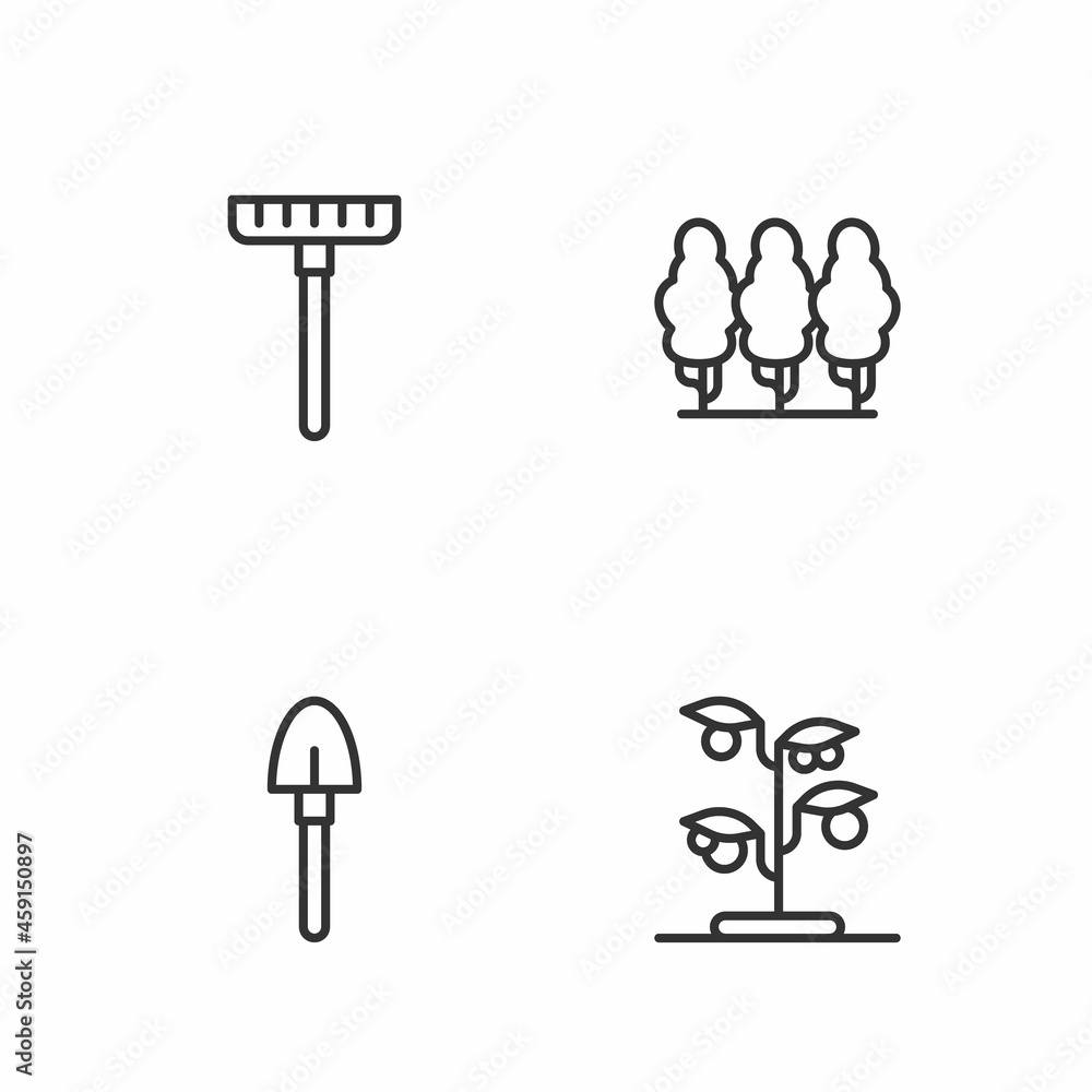 Set line Sprout, Shovel, Garden rake and Fruit trees icon. Vector Set line Sprout, Shovel, Garden rake and Fruit trees icon. Vector