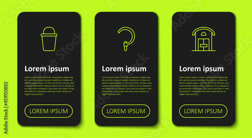 Set line Bucket, Sickle and Farm house. Business infographic template. Vector